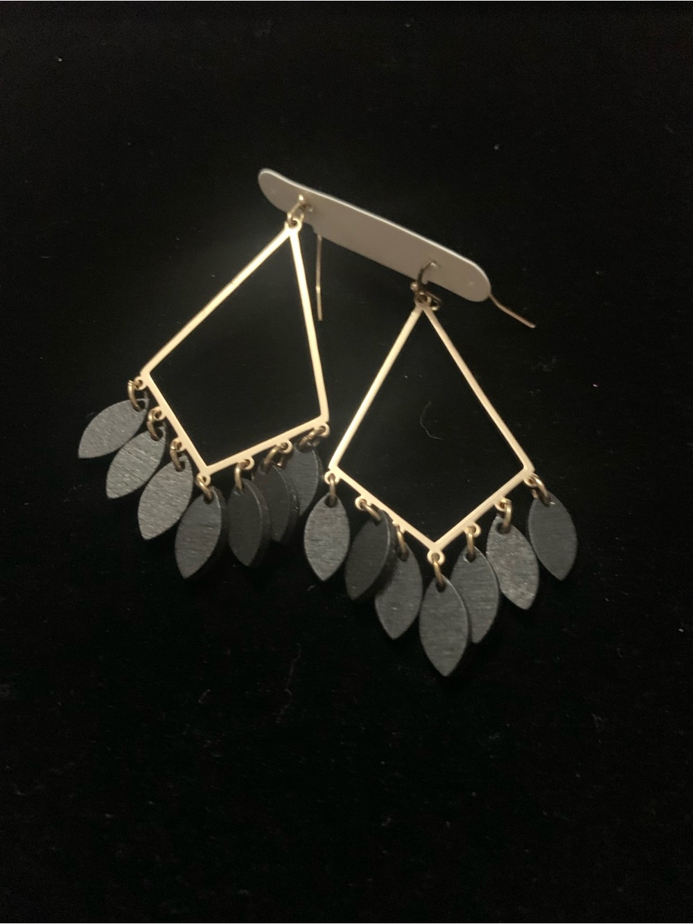 Gold Geometric Dangle Earrings with Black Leaf Charms